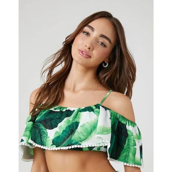 ❤️Forever 21 Open-Shoulder Tropical Leaf Cami Size Medium - Picture 1 of 4